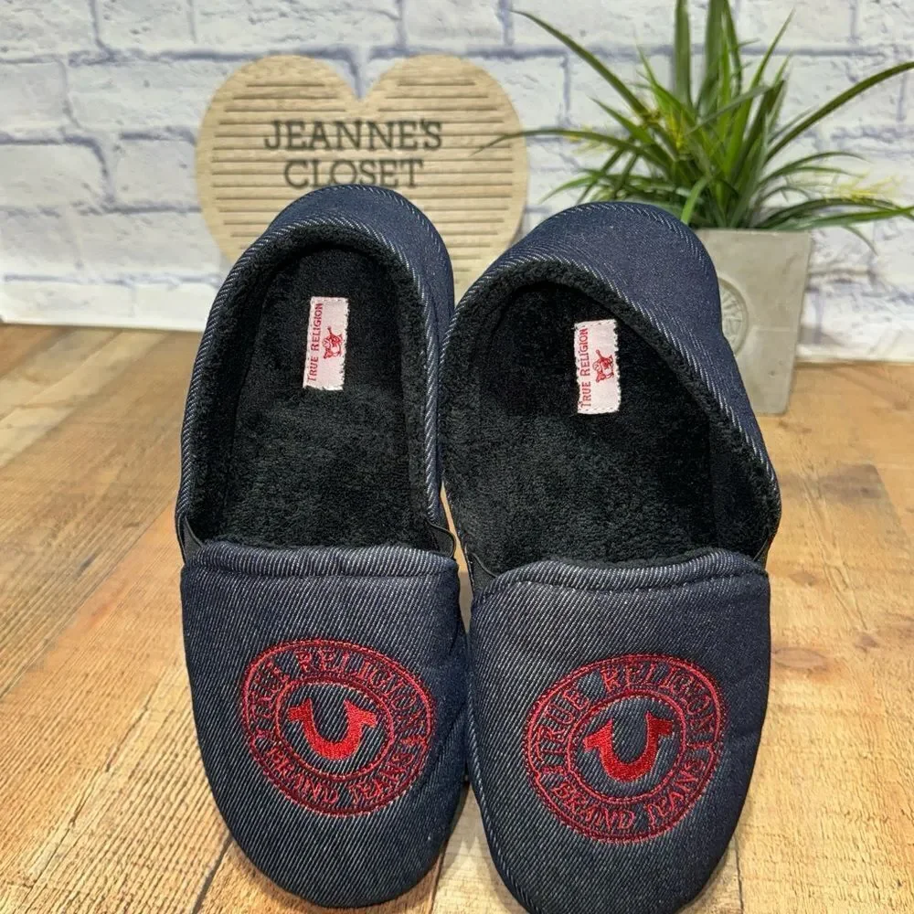 Men's True Religion Brand Jeans Blue Denim Red Logo Slippers Sz L 11/12